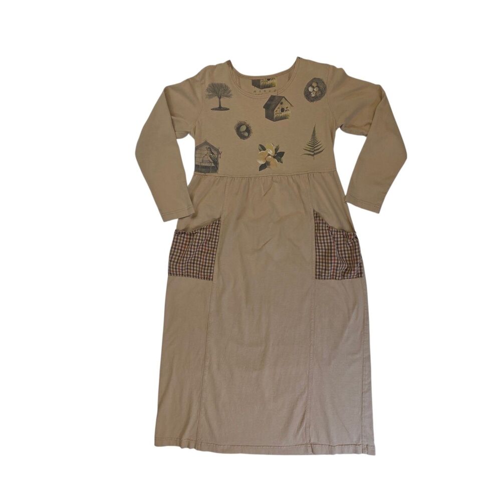 Mango Full Dress Women's S Tan Cottage Prairie Birdhouse Farmhouse Country Bird